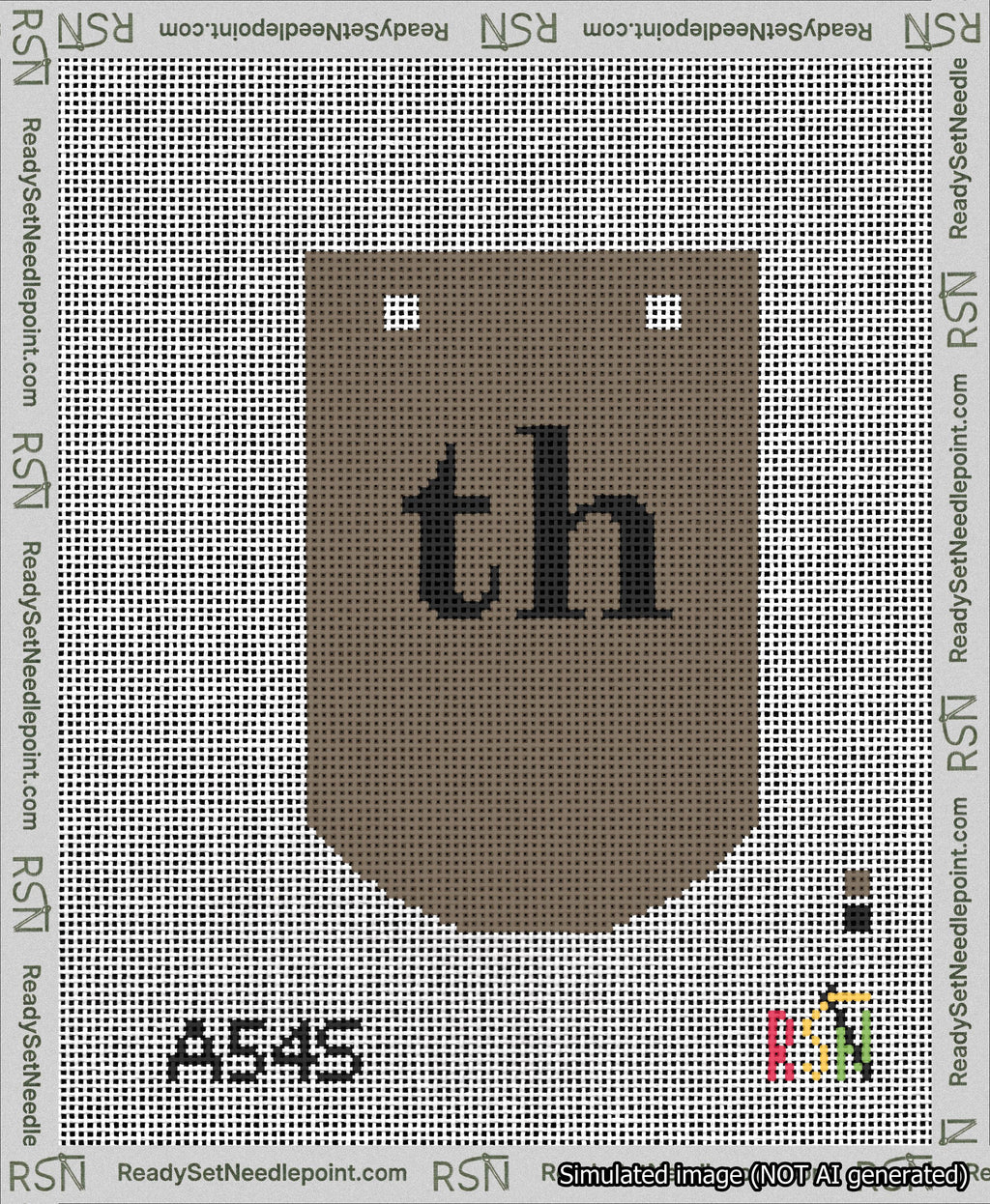 A taped needlepoint canvas with the design: Banner 13 mesh count Curved th Black on Brown.