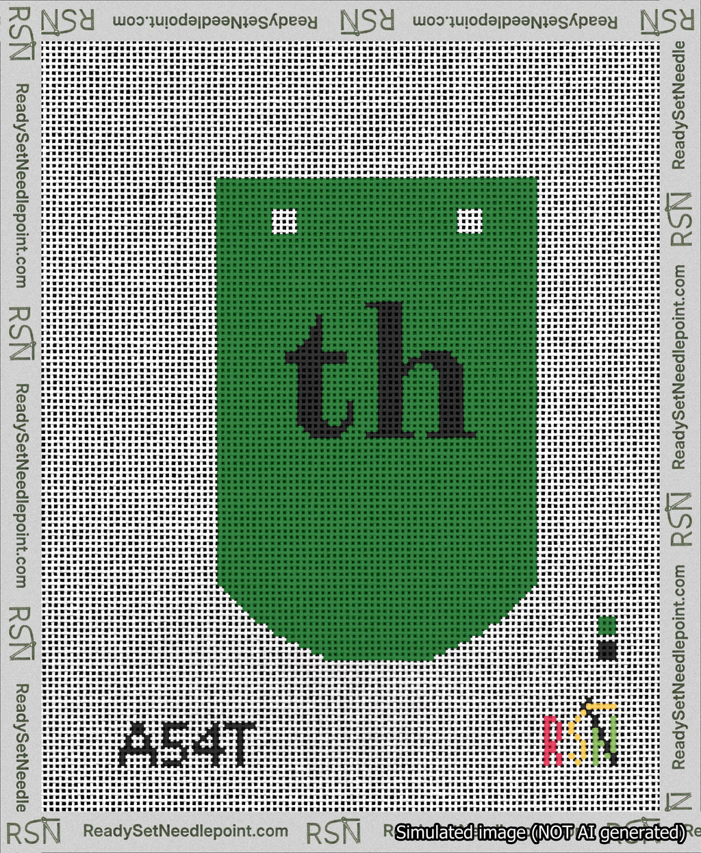 A taped needlepoint canvas with the design: Banner 13 mesh count Curved th Black on Green.