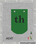 A taped needlepoint canvas with the design: Banner 13 mesh count Curved th Black on Green.