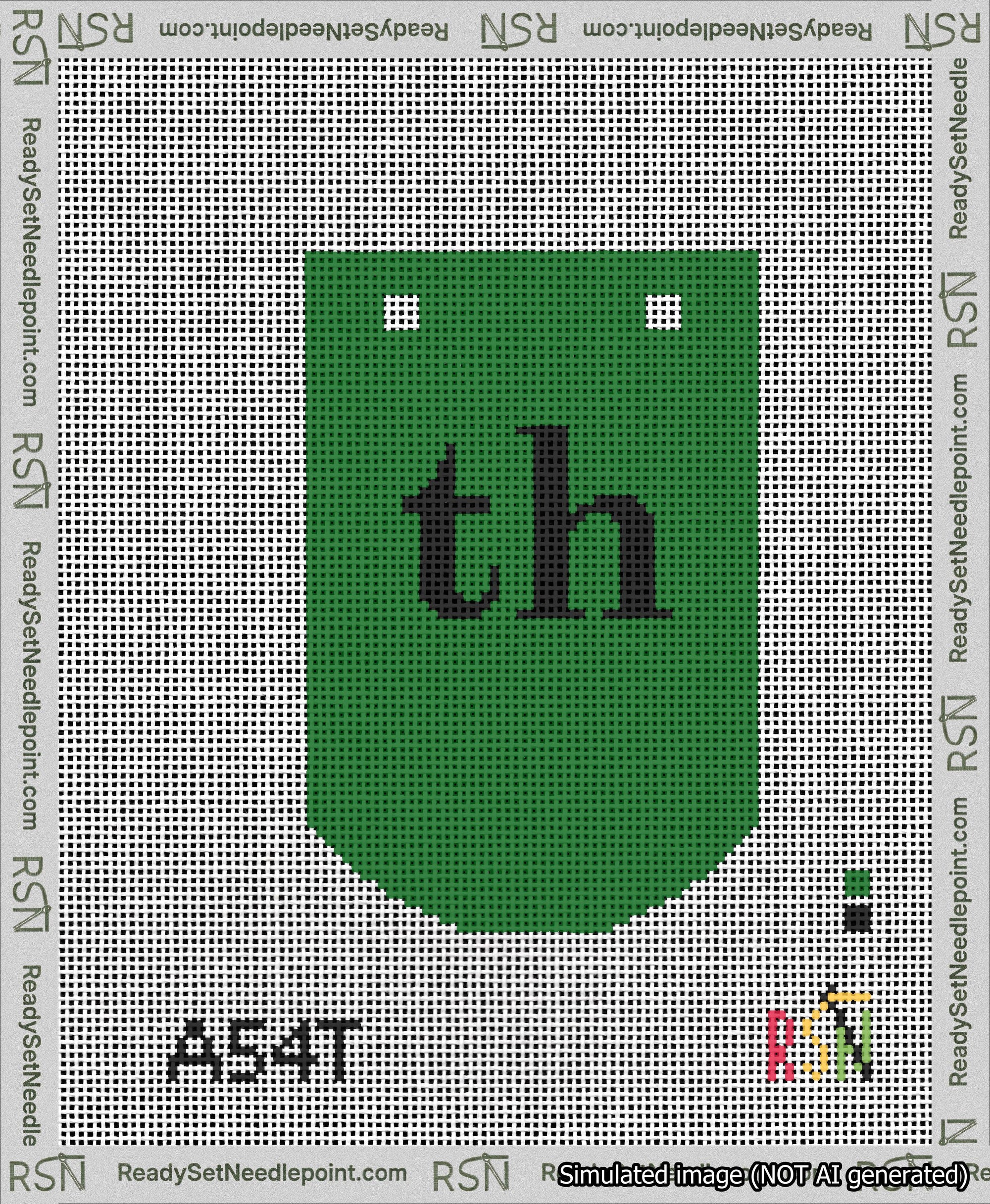 A taped needlepoint canvas with the design: Banner 13 mesh count Curved th Black on Green.
