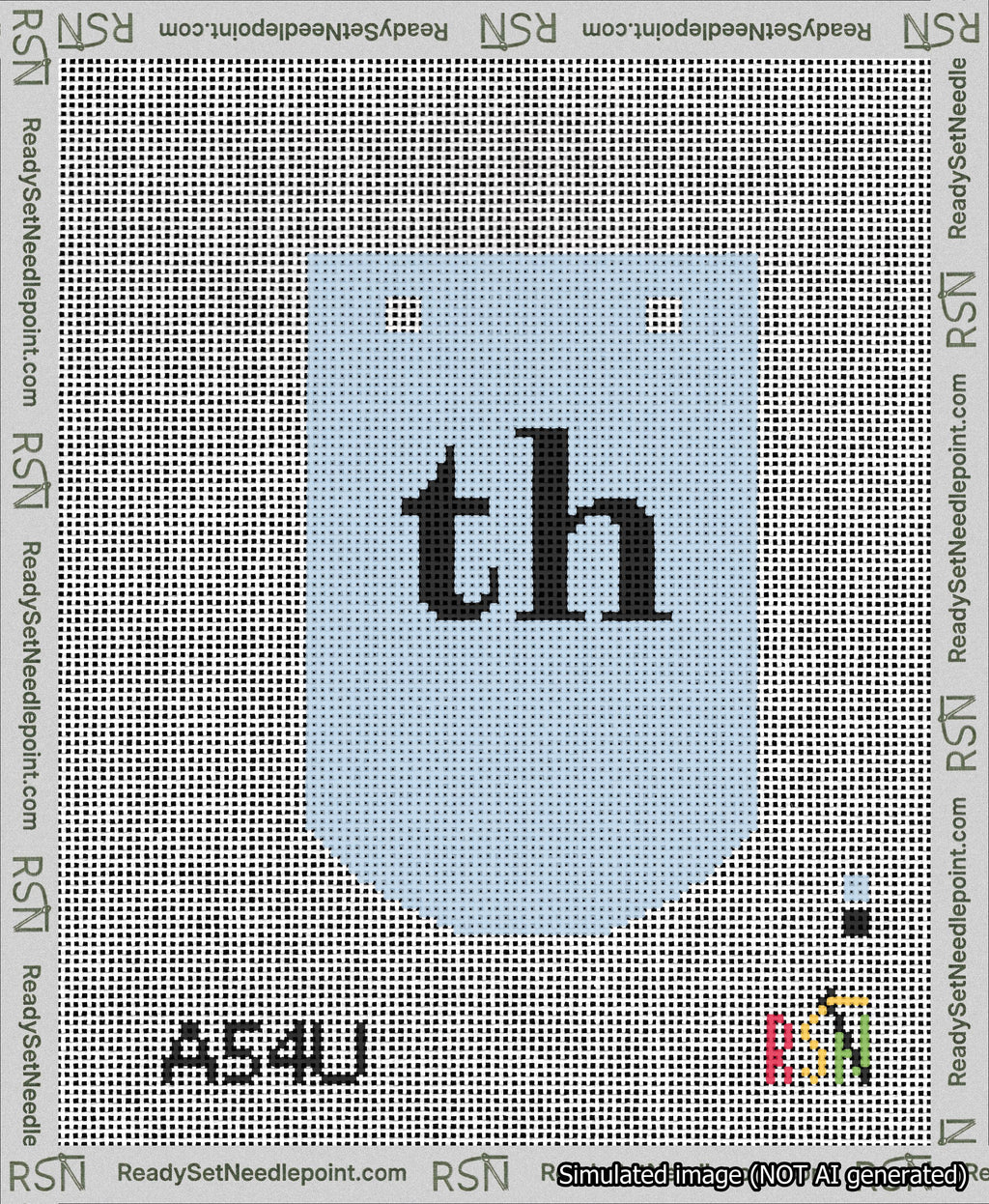 A taped needlepoint canvas with the design: Banner 13 mesh count Curved th Black on Light Blue.