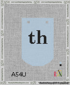 A taped needlepoint canvas with the design: Banner 13 mesh count Curved th Black on Light Blue.