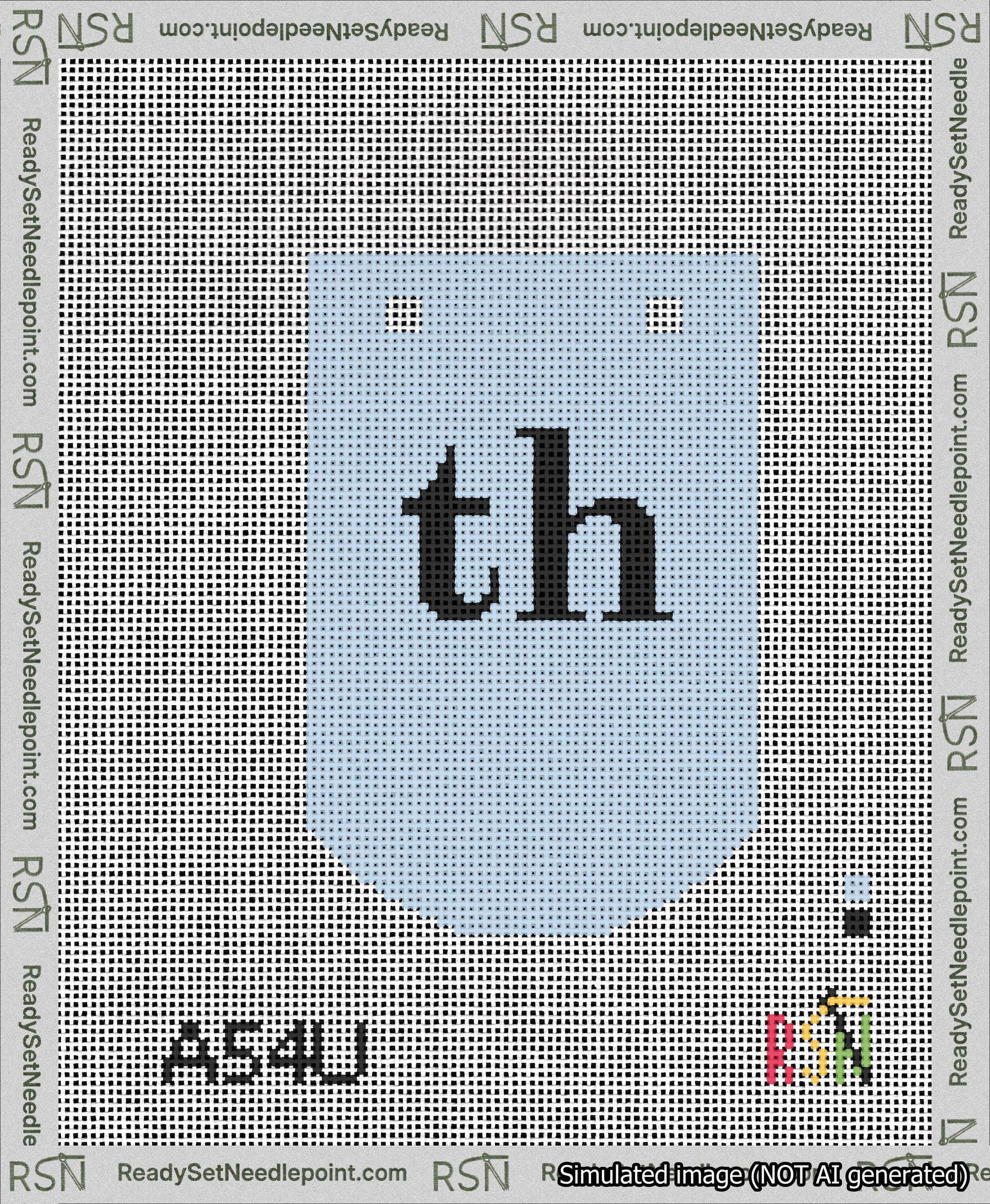 A taped needlepoint canvas with the design: Banner 13 mesh count Curved th Black on Light Blue.