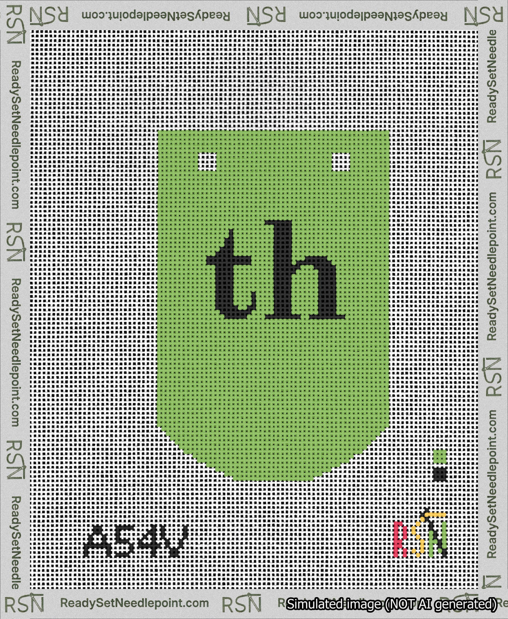 A taped needlepoint canvas with the design: Banner 13 mesh count Curved th Black on Light Green.