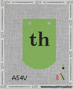 A taped needlepoint canvas with the design: Banner 13 mesh count Curved th Black on Light Green.