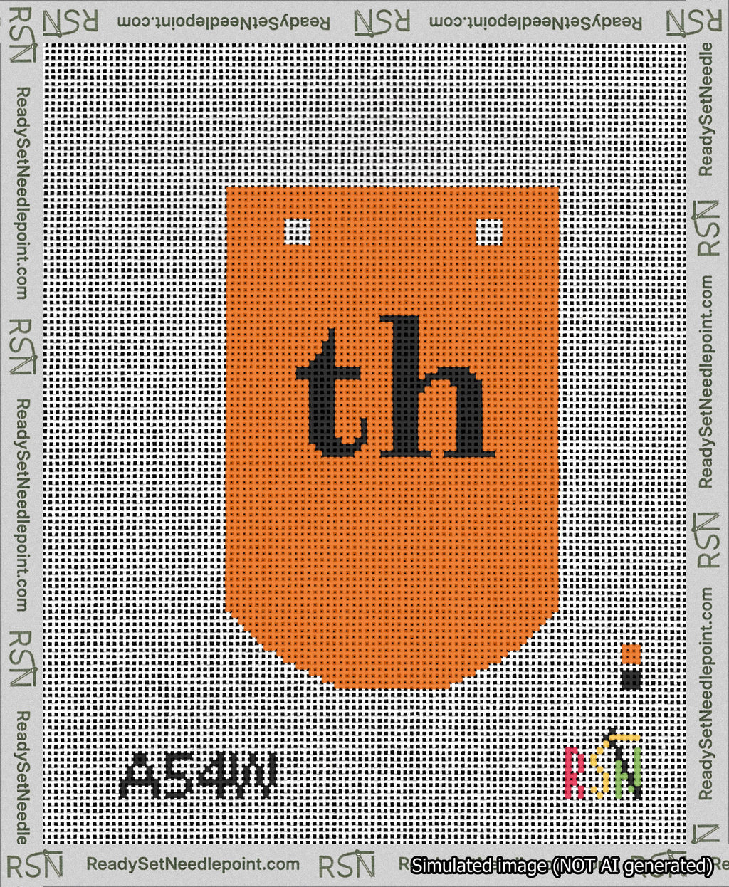 A taped needlepoint canvas with the design: Banner 13 mesh count Curved th Black on Orange.