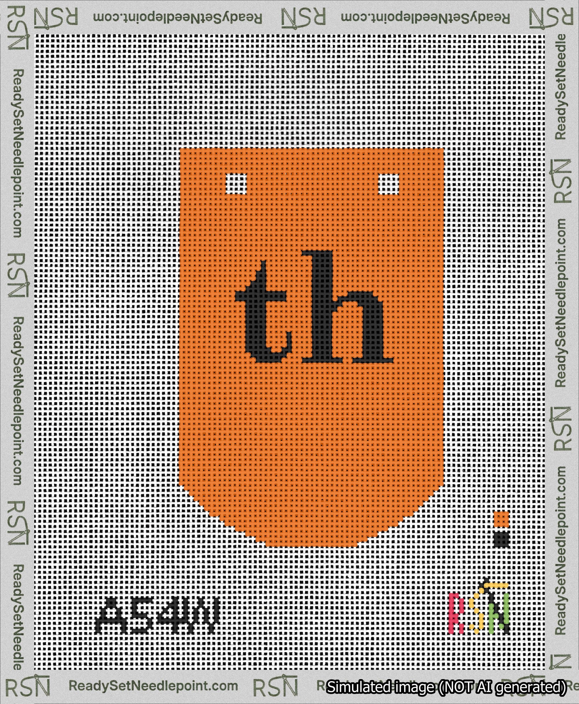 A taped needlepoint canvas with the design: Banner 13 mesh count Curved th Black on Orange.
