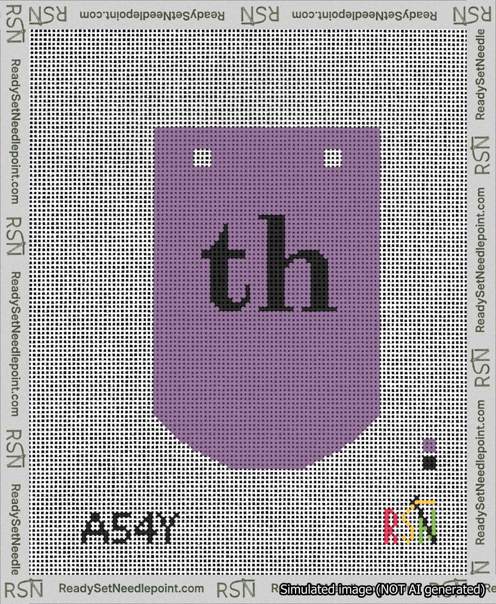 A taped needlepoint canvas with the design: Banner 13 mesh count Curved th Black on Purple.