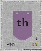 A taped needlepoint canvas with the design: Banner 13 mesh count Curved th Black on Purple.