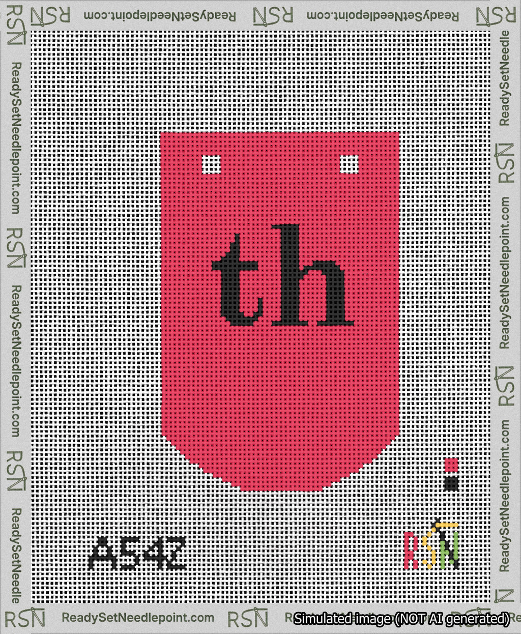 A taped needlepoint canvas with the design: Banner 13 mesh count Curved th Black on Red.