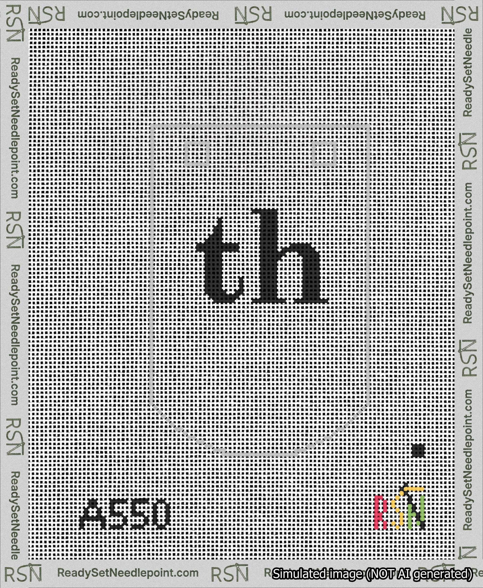 A taped needlepoint canvas with the design: Banner 13 mesh count Curved th Black on White.