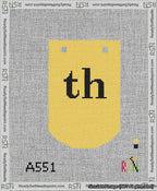 A taped needlepoint canvas with the design: Banner 13 mesh count Curved th Black on Yellow.