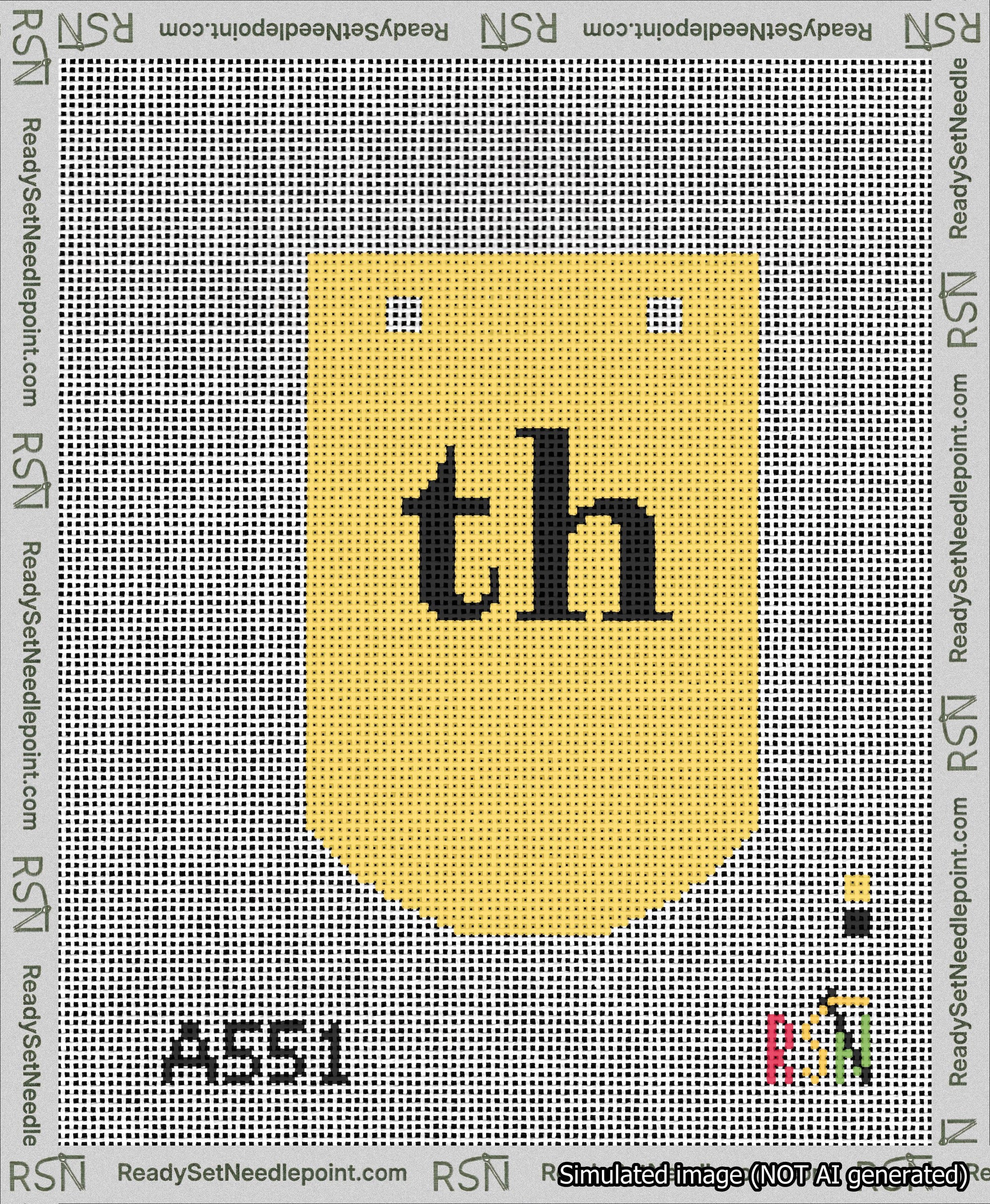 A taped needlepoint canvas with the design: Banner 13 mesh count Curved th Black on Yellow.
