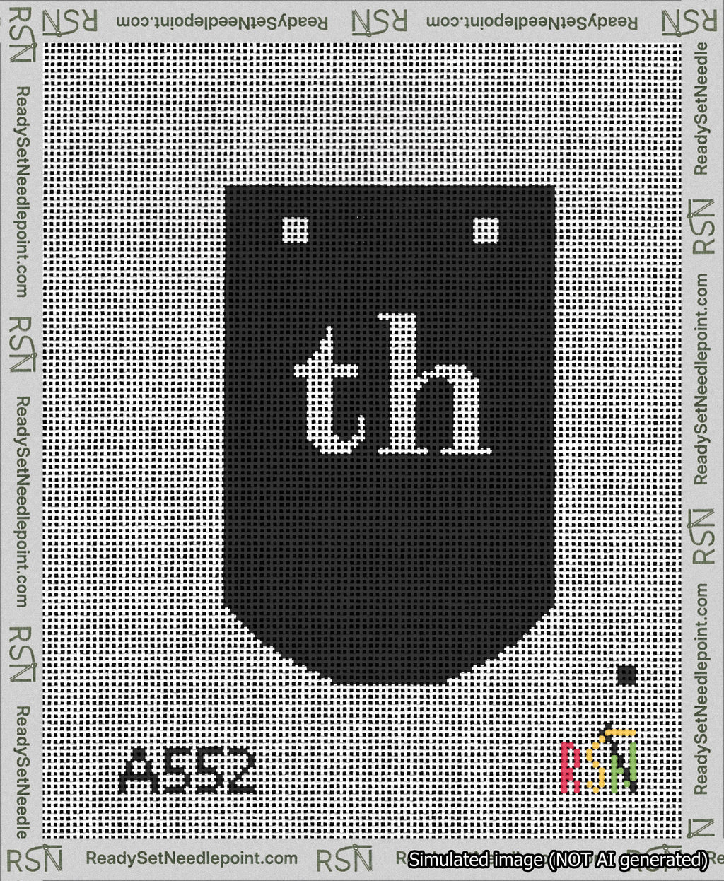 A taped needlepoint canvas with the design: Banner 13 mesh count Curved th White on Black.