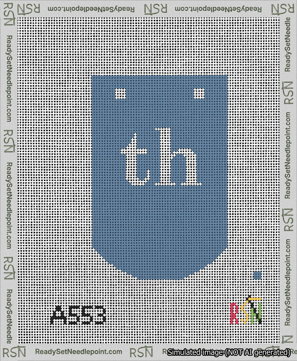 A taped needlepoint canvas with the design: Banner 13 mesh count Curved th White on Blue.