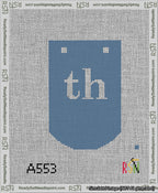 A taped needlepoint canvas with the design: Banner 13 mesh count Curved th White on Blue.