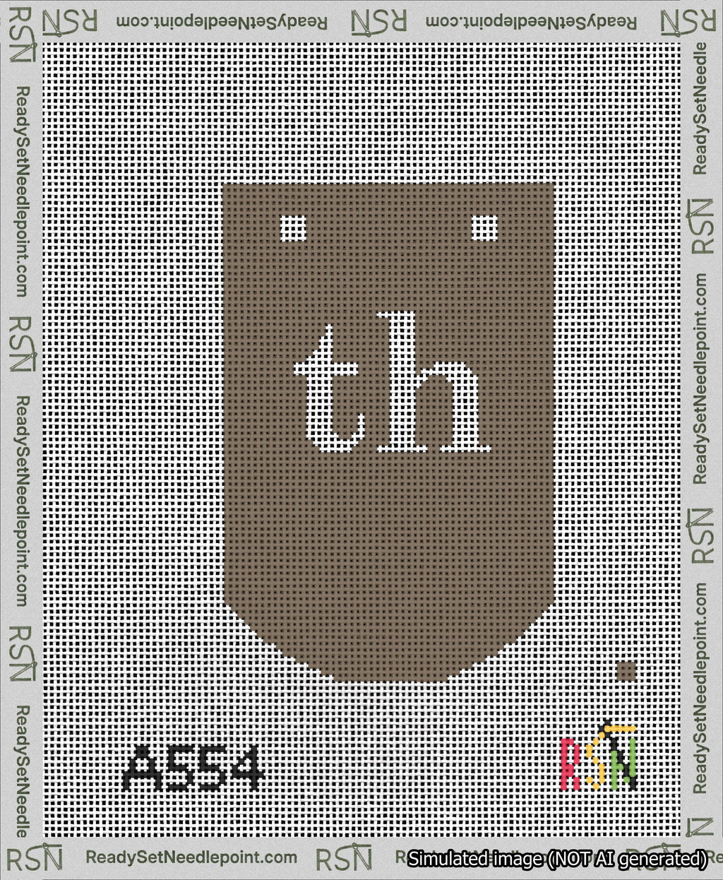 A taped needlepoint canvas with the design: Banner 13 mesh count Curved th White on Brown.