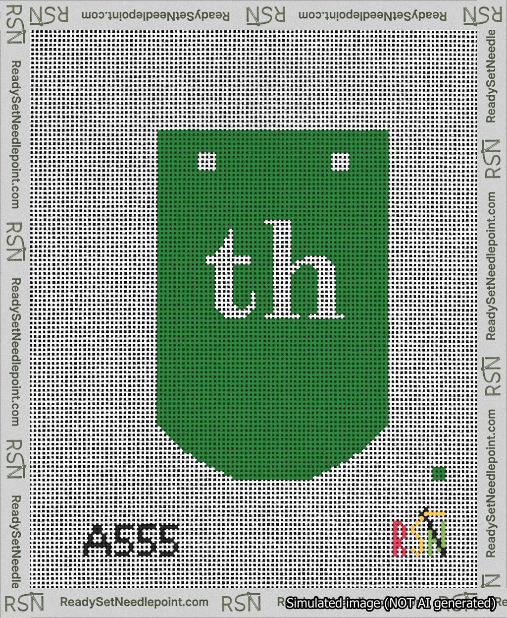 A taped needlepoint canvas with the design: Banner 13 mesh count Curved th White on Green.