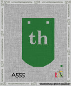 A taped needlepoint canvas with the design: Banner 13 mesh count Curved th White on Green.