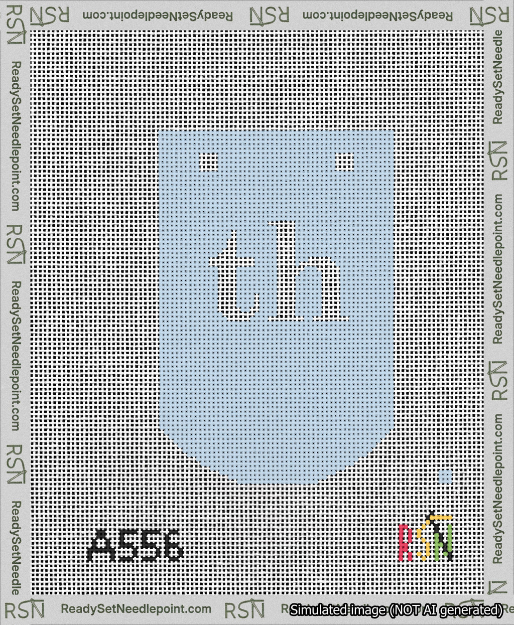A taped needlepoint canvas with the design: Banner 13 mesh count Curved th White on Light Blue.