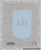 A taped needlepoint canvas with the design: Banner 13 mesh count Curved th White on Light Blue.