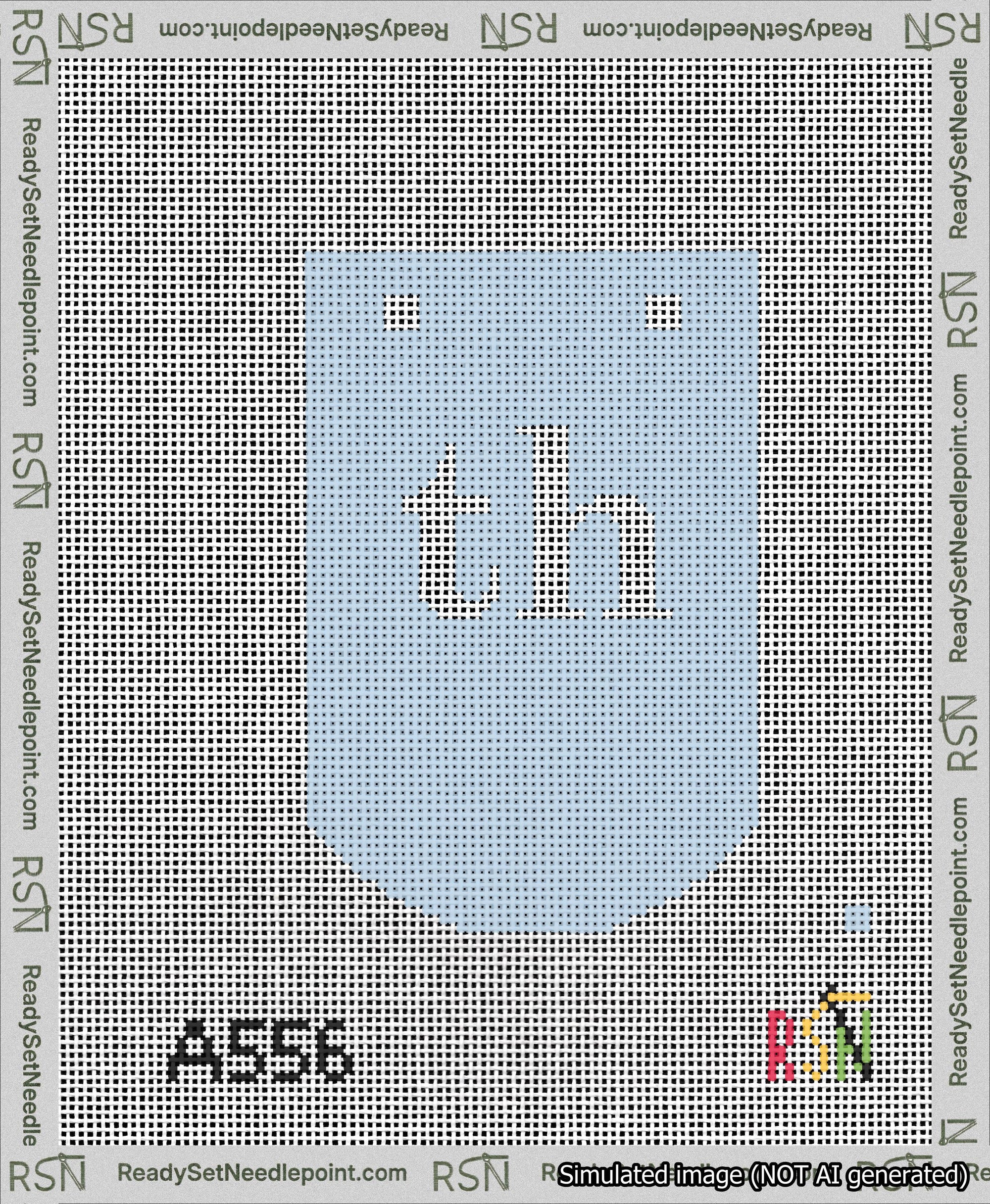 A taped needlepoint canvas with the design: Banner 13 mesh count Curved th White on Light Blue.
