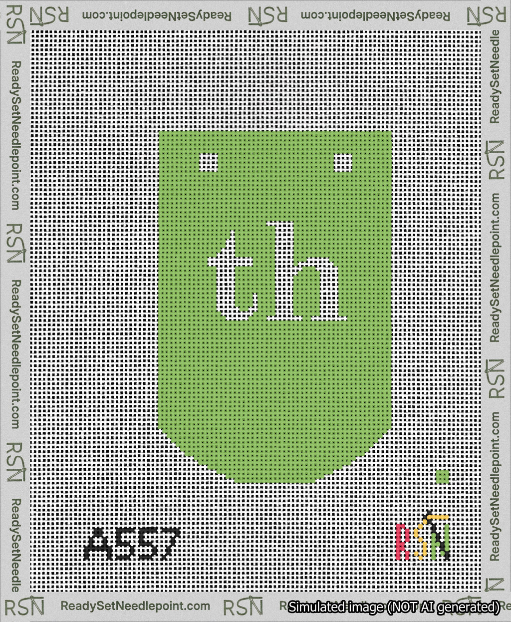 A taped needlepoint canvas with the design: Banner 13 mesh count Curved th White on Light Green.