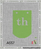 A taped needlepoint canvas with the design: Banner 13 mesh count Curved th White on Light Green.