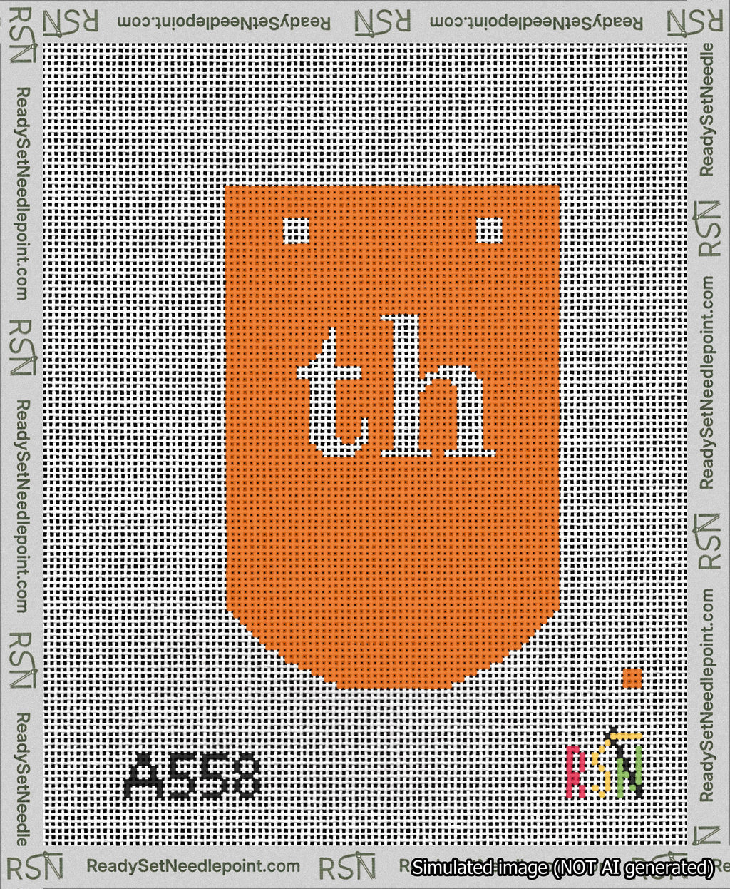 A taped needlepoint canvas with the design: Banner 13 mesh count Curved th White on Orange.