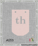 A taped needlepoint canvas with the design: Banner 13 mesh count Curved th White on Pink.