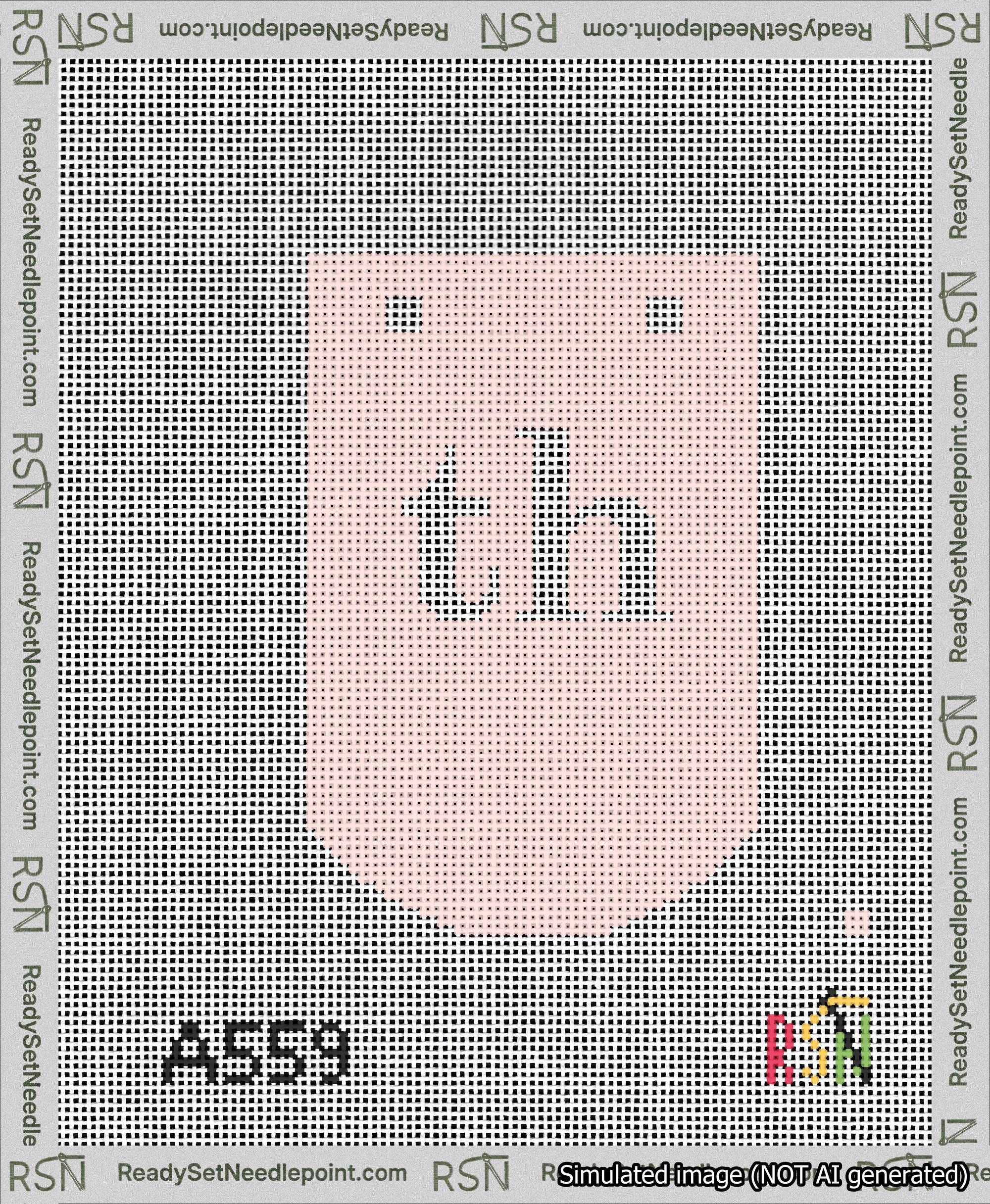 A taped needlepoint canvas with the design: Banner 13 mesh count Curved th White on Pink.