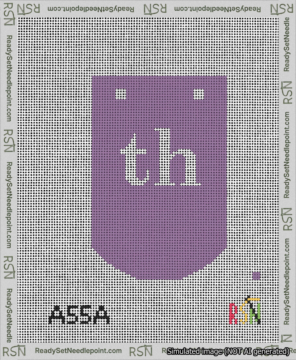 A taped needlepoint canvas with the design: Banner 13 mesh count Curved th White on Purple.