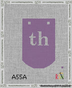 A taped needlepoint canvas with the design: Banner 13 mesh count Curved th White on Purple.