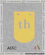 A taped needlepoint canvas with the design: Banner 13 mesh count Curved th White on Yellow.