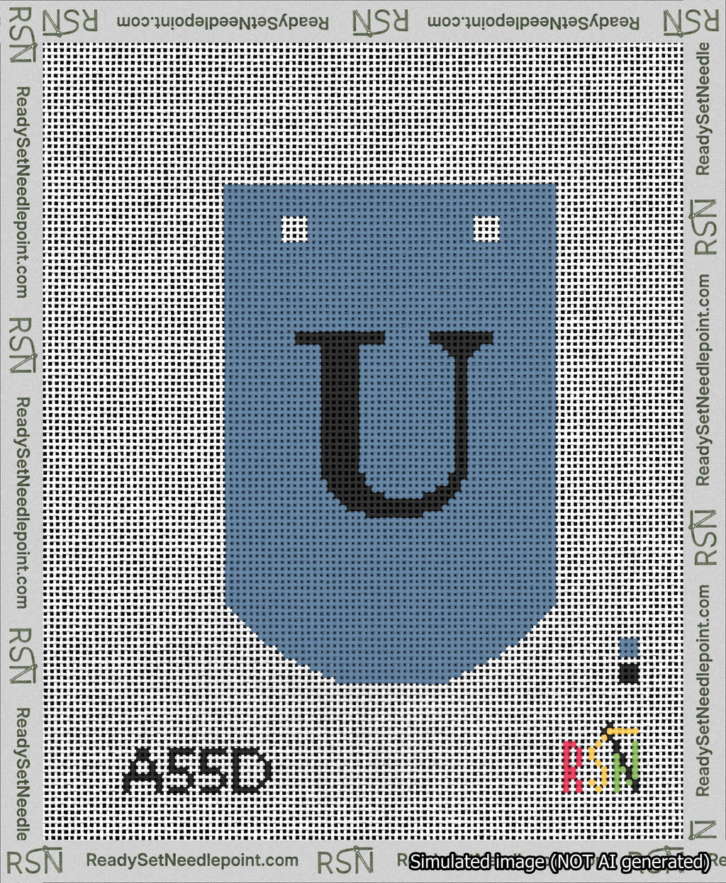 A taped needlepoint canvas with the design: Banner 13 mesh count Curved U Black on Blue.