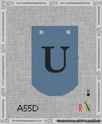 A taped needlepoint canvas with the design: Banner 13 mesh count Curved U Black on Blue.