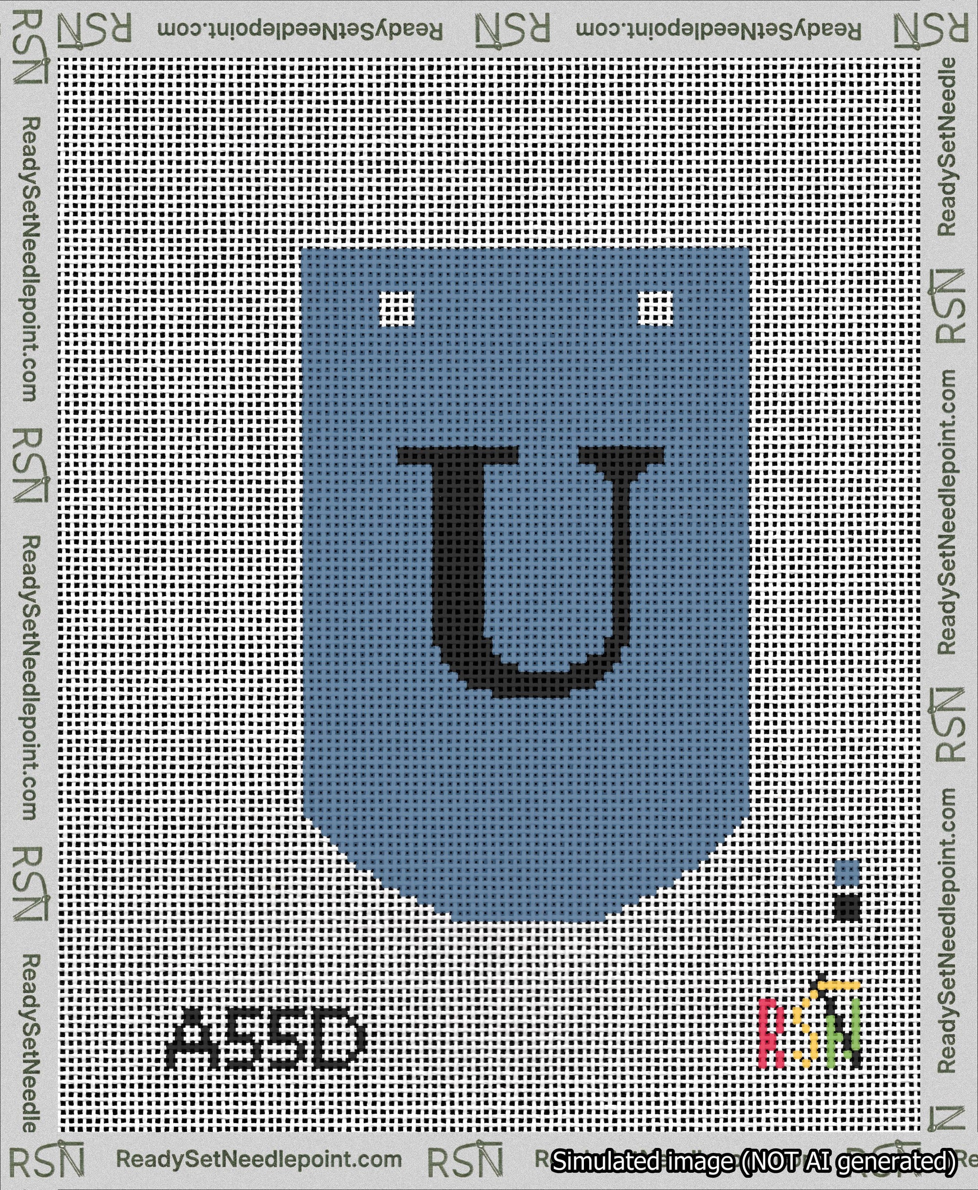 A taped needlepoint canvas with the design: Banner 13 mesh count Curved U Black on Blue.