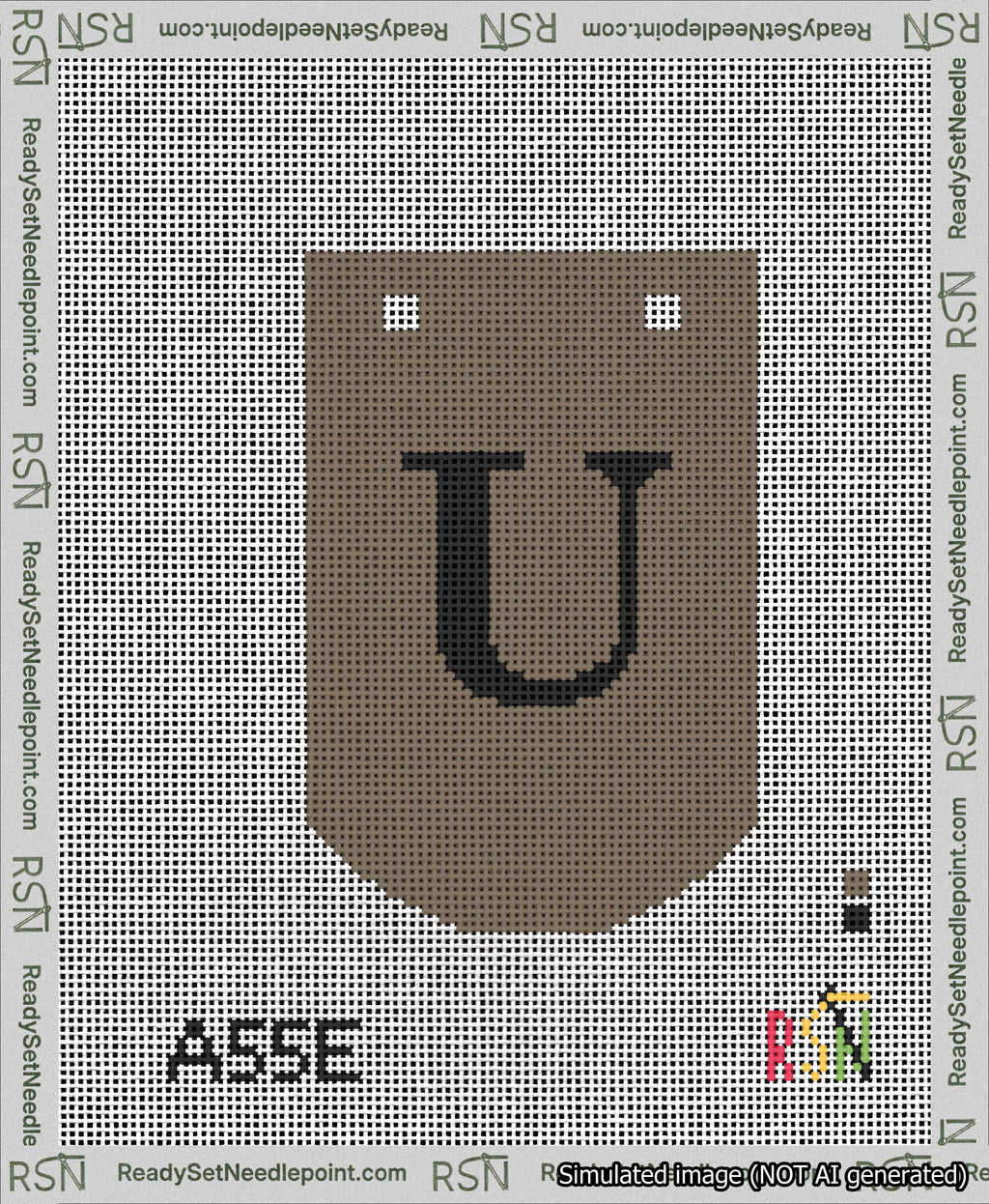 A taped needlepoint canvas with the design: Banner 13 mesh count Curved U Black on Brown.
