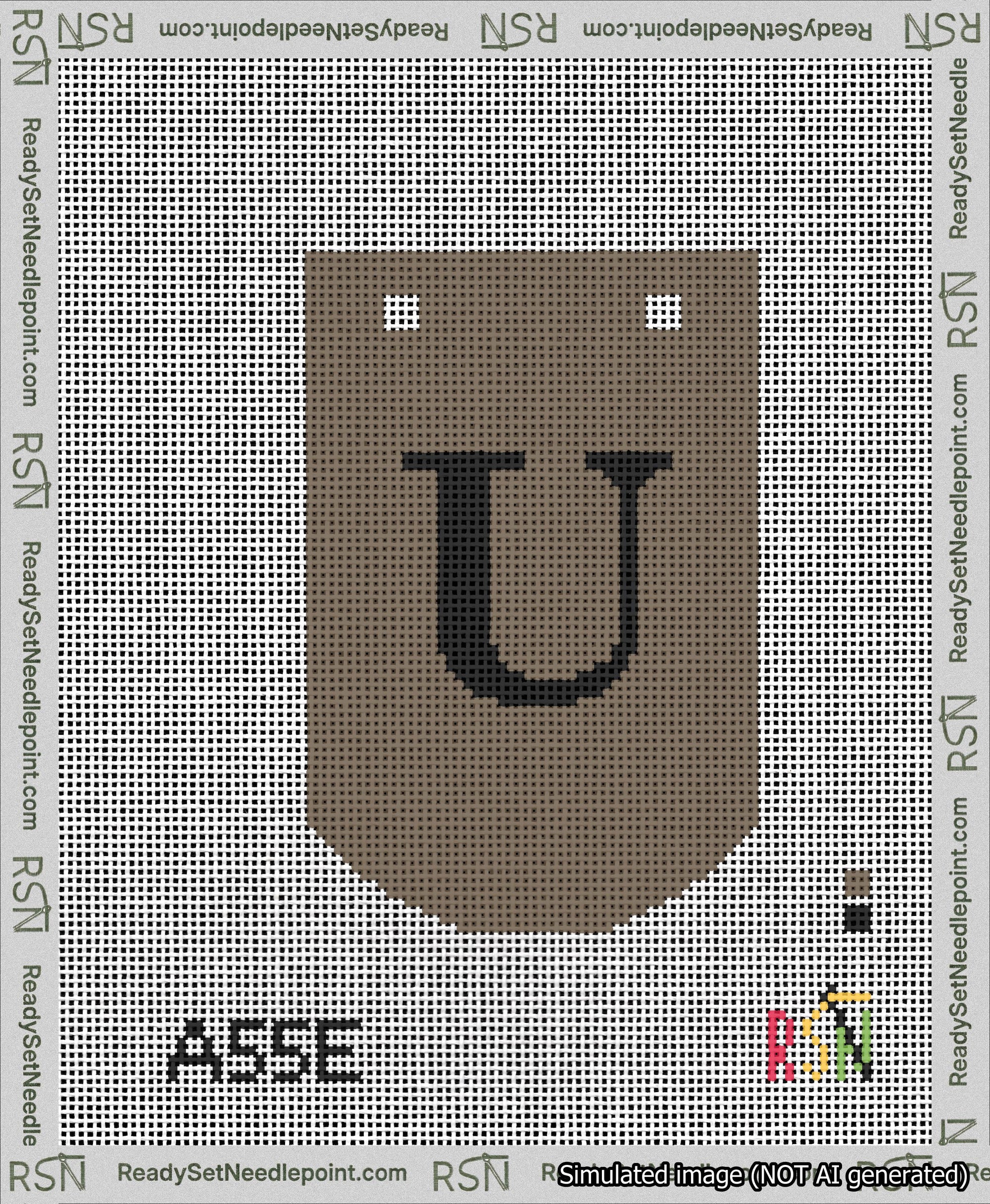 A taped needlepoint canvas with the design: Banner 13 mesh count Curved U Black on Brown.