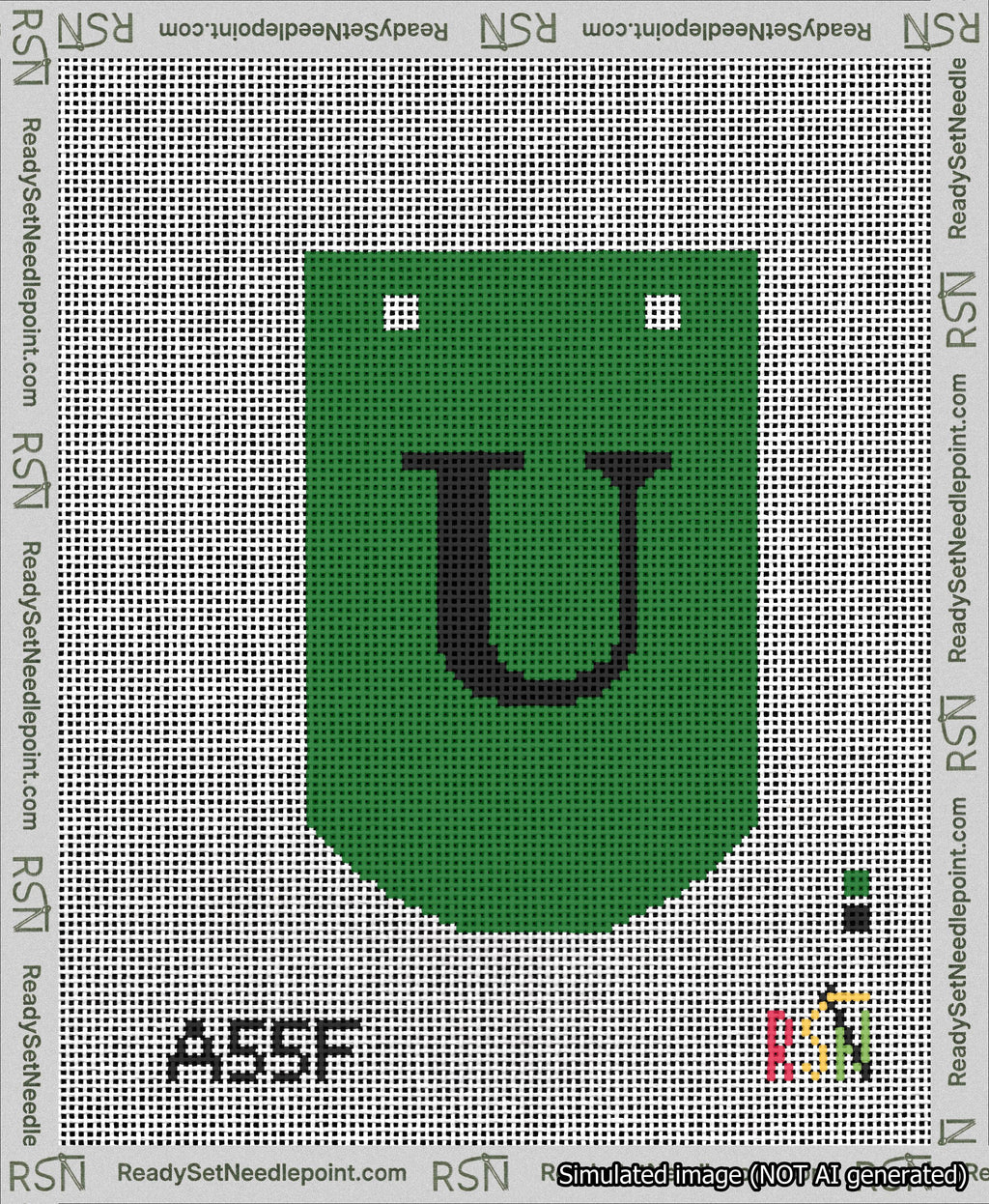 A taped needlepoint canvas with the design: Banner 13 mesh count Curved U Black on Green.