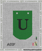 A taped needlepoint canvas with the design: Banner 13 mesh count Curved U Black on Green.