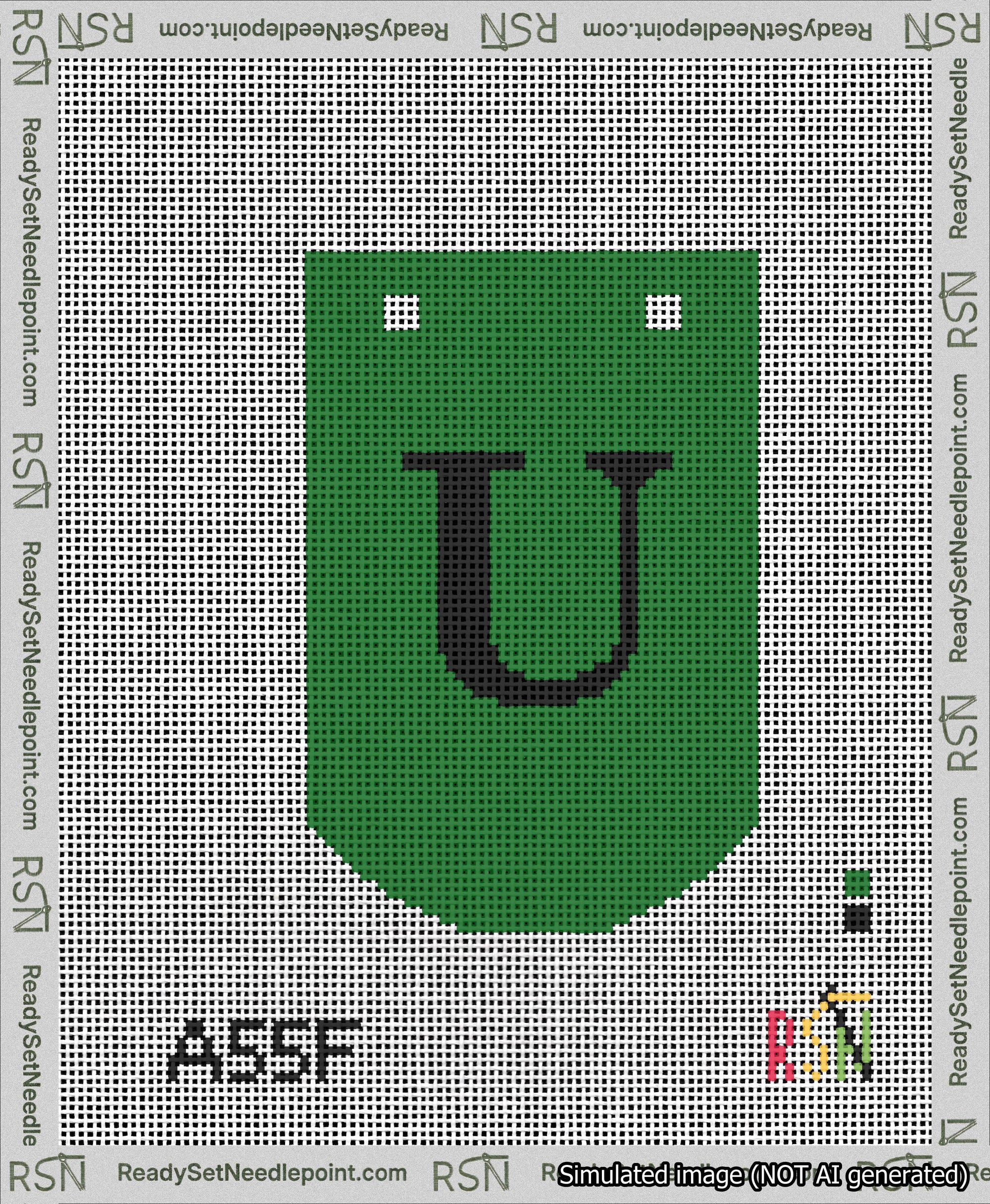 A taped needlepoint canvas with the design: Banner 13 mesh count Curved U Black on Green.