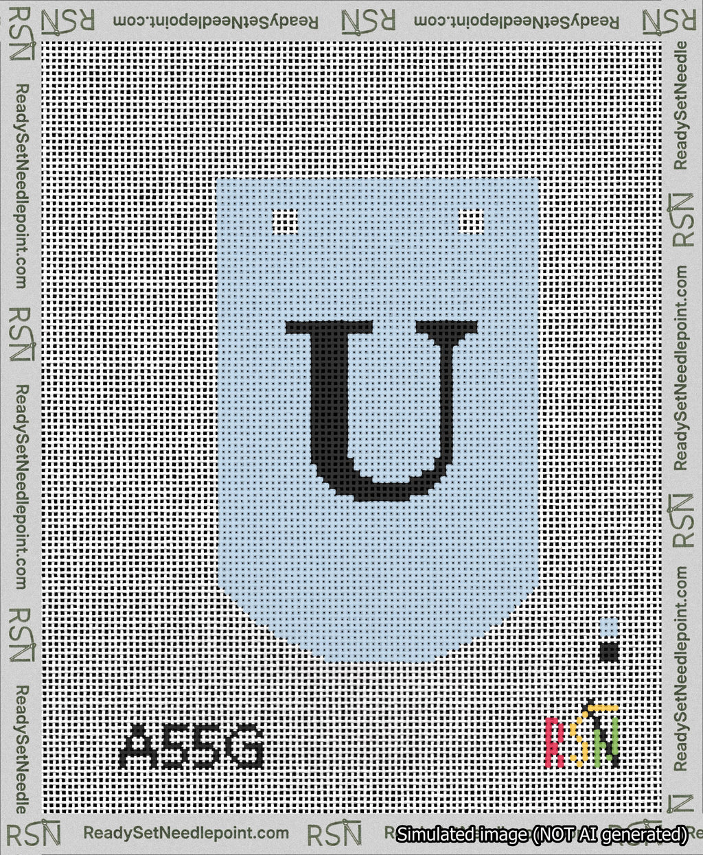 A taped needlepoint canvas with the design: Banner 13 mesh count Curved U Black on Light Blue.