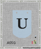 A taped needlepoint canvas with the design: Banner 13 mesh count Curved U Black on Light Blue.
