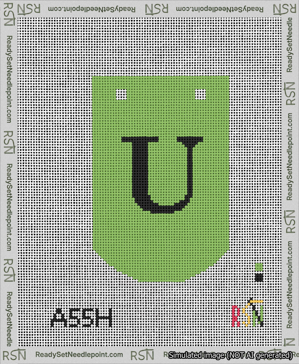 A taped needlepoint canvas with the design: Banner 13 mesh count Curved U Black on Light Green.