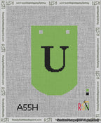 A taped needlepoint canvas with the design: Banner 13 mesh count Curved U Black on Light Green.