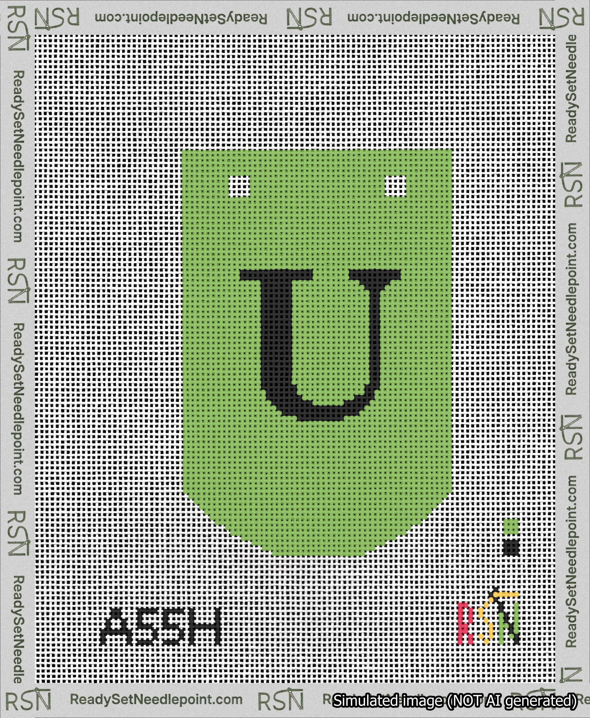 A taped needlepoint canvas with the design: Banner 13 mesh count Curved U Black on Light Green.