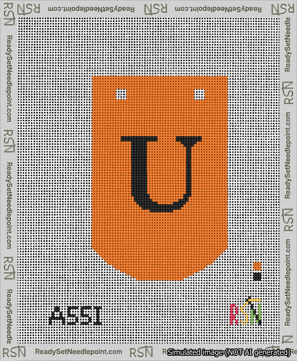 A taped needlepoint canvas with the design: Banner 13 mesh count Curved U Black on Orange.