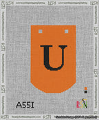 A taped needlepoint canvas with the design: Banner 13 mesh count Curved U Black on Orange.