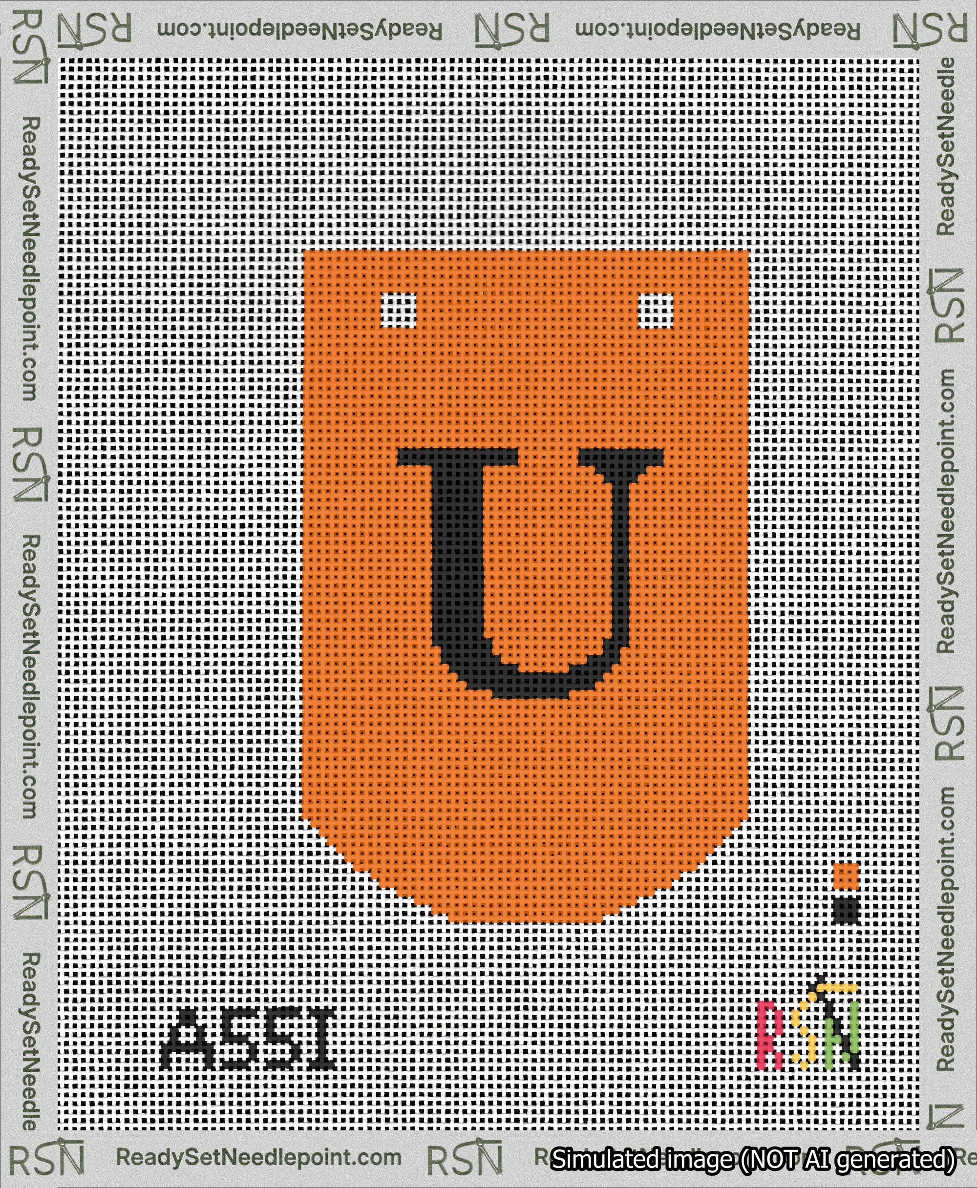 A taped needlepoint canvas with the design: Banner 13 mesh count Curved U Black on Orange.